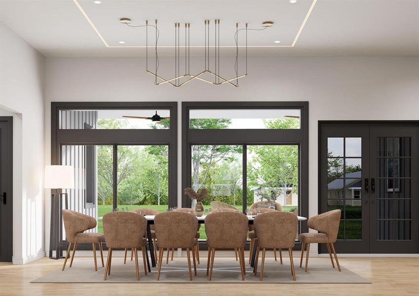 Dining area with light wood-type flooring, french doors, and recessed lighting