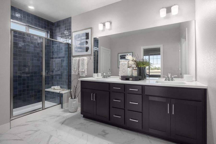 Dual-sink vanity at primary bath