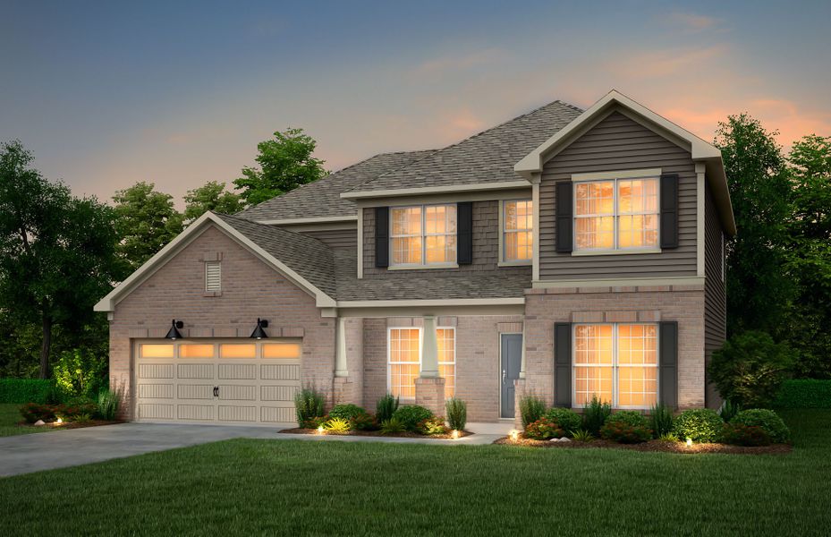 Wingate Exterior 8 features brick, siding, shakes, covered front sitting porch and 2 car garage