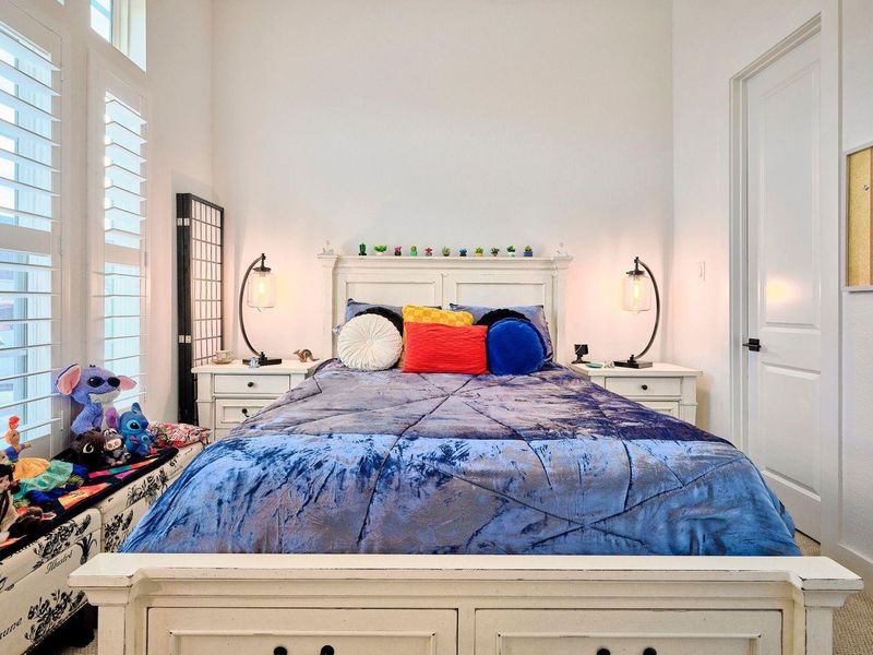 This inviting downstairs guest bedroom features high ceilings, abundant natural light from large windows with designer shutters, and a newly updated walk-in closet with custom shelving.