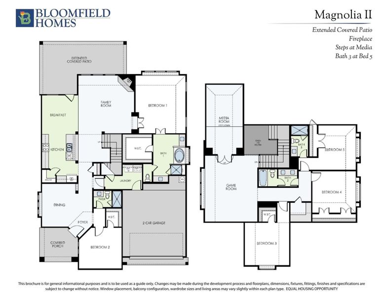 Bloomfield Homes Magnolia II floor plan with 5 bedrooms, game room, media room, and 2-car garage on two floors.