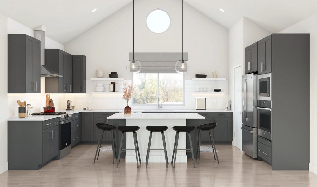 Kitchen with vaulted ceiling and pendant lighting Kitchen with vaulted ceiling and pendant lighting