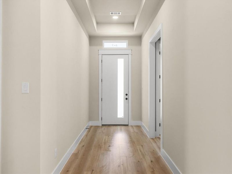 Entryway featuring a contemporary front door with vertical glass insert, transom window, recessed ceiling detail, wood-finish flooring, and light-toned wall finishes