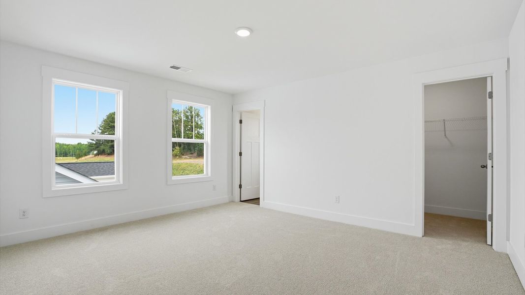 Tasteful bedroom with plush carpet, a walk-in closet, and large windows for abundant natural light