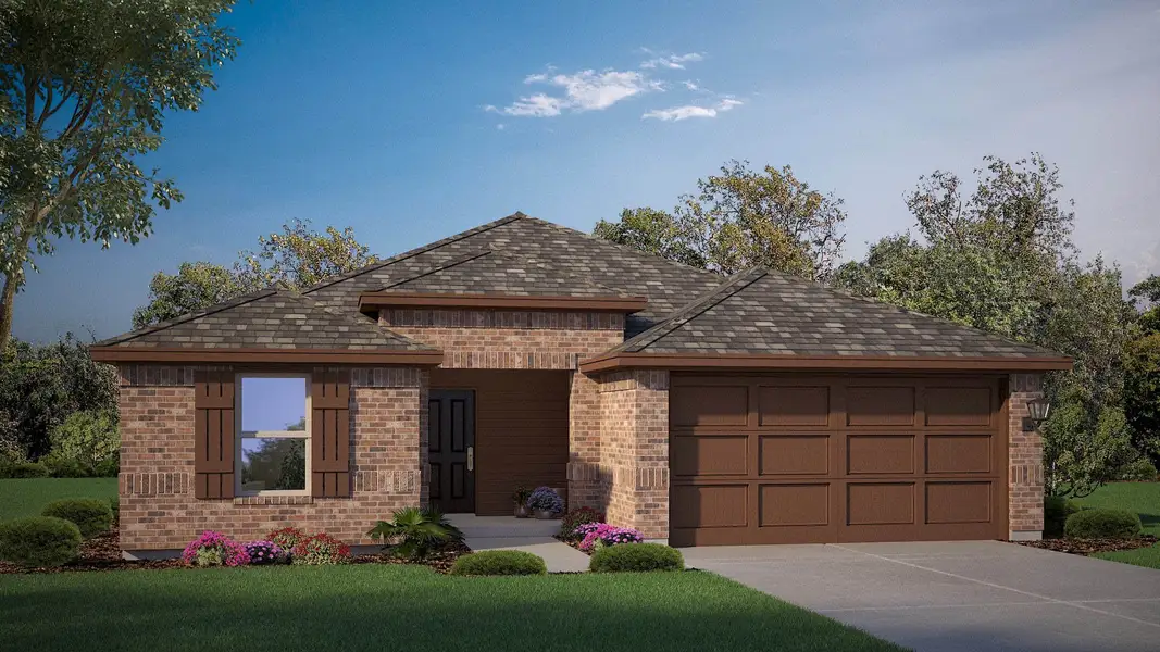 Front exterior of a new home in The Hills at Reunion, Newark, TX, highlighting curb appeal (Image 1). Front exterior of a new home in The Hills at Reunion, Newark, TX, highlighting curb appeal (Image 1).