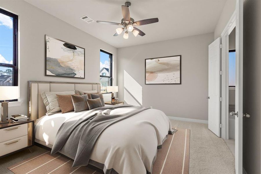 The primary bedroom is generously sized, creating a tranquil and spacious retreat that offers ample room for relaxation. Featuring plush carpet, high ceilings, fresh paint, and large windows that lets in natural lighting throughout the day.