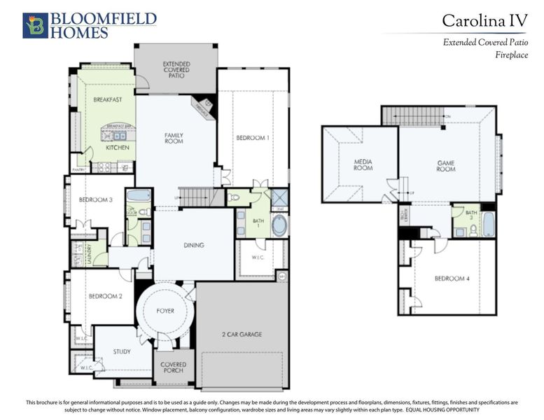 Bloomfield Homes Carolina IV floor plan with four bedrooms, family room, kitchen, study, and two-car garage on two levels.