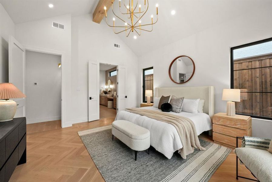 Bedroom with a chandelier, parquet flooring, beam ceiling, high vaulted ceiling, and recessed lighting Bedroom with a chandelier, parquet flooring, beam ceiling, high vaulted ceiling, and recessed lighting