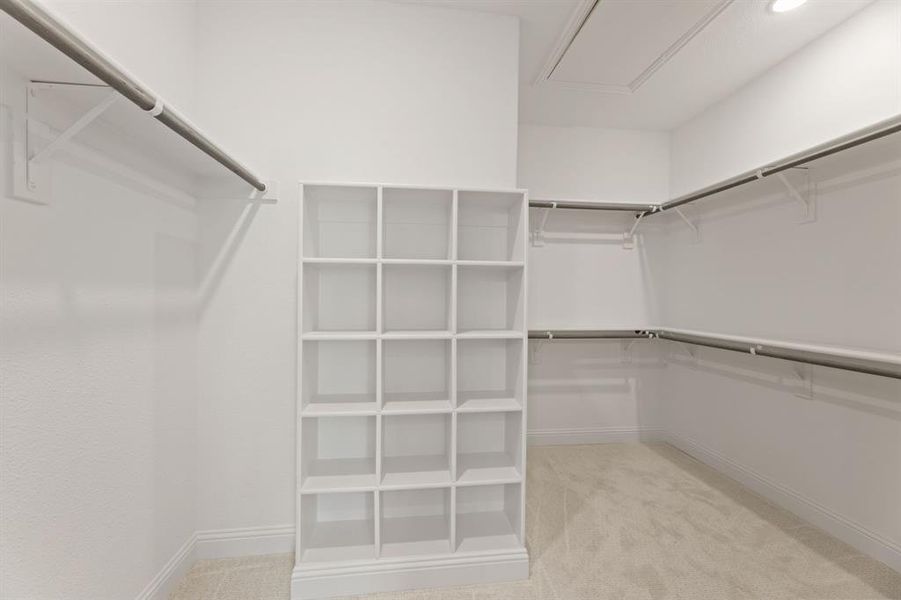 Walk in closet featuring light colored carpet