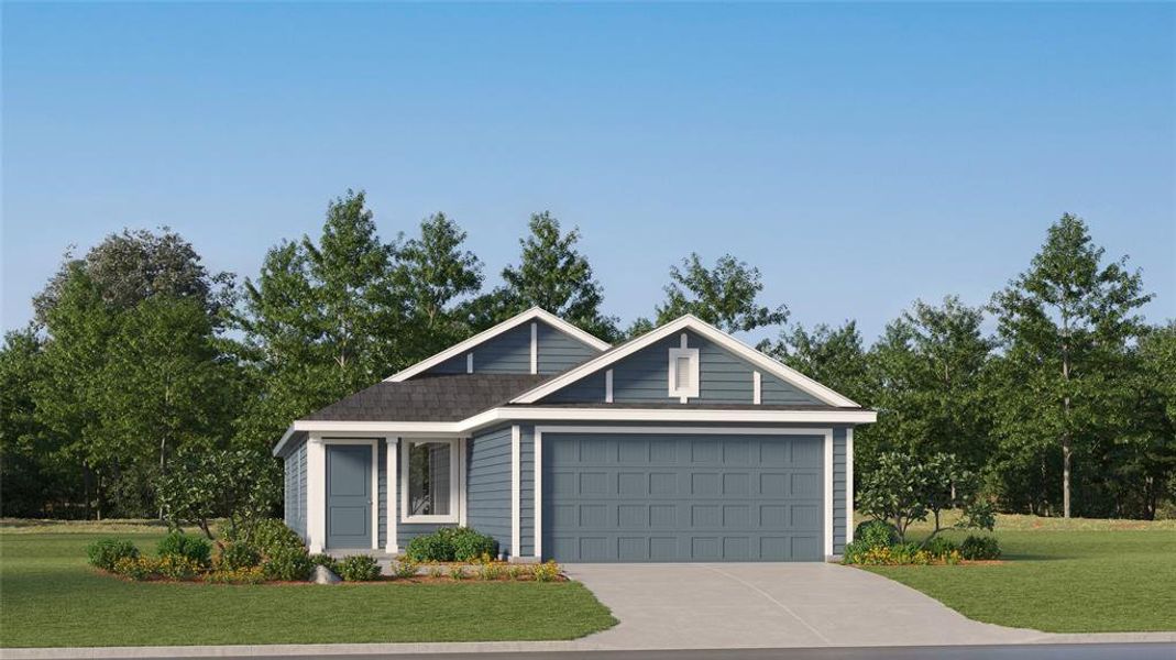 View of front facade with a front lawn and a garage