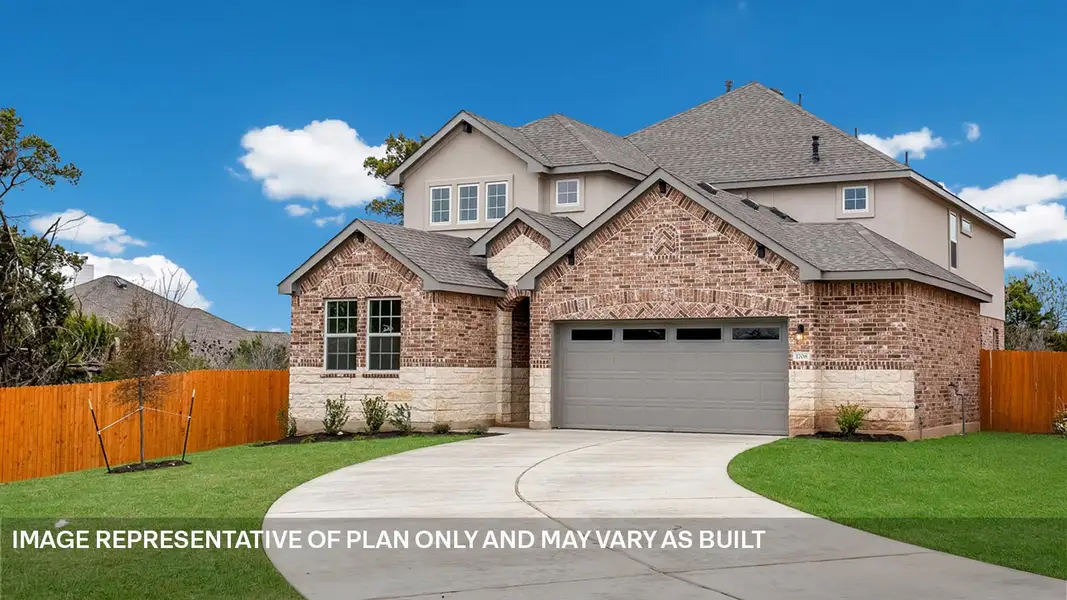 Front exterior of a new home in Rosenbusch Ranch, Leander, TX, highlighting curb appeal (Image 2). Front exterior of a new home in Rosenbusch Ranch, Leander, TX, highlighting curb appeal (Image 2).