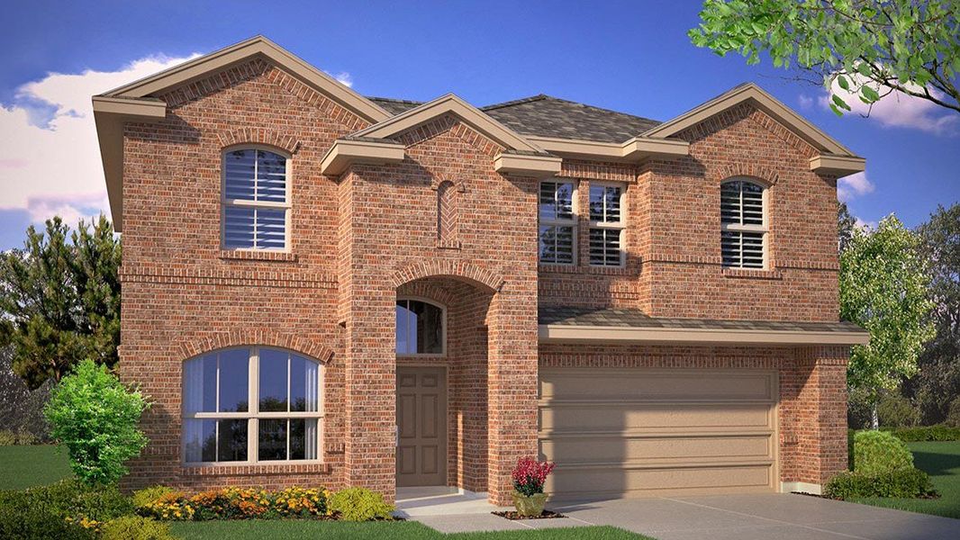 Front exterior of a new home in Trails of Elizabeth Creek, Fort Worth, TX, highlighting curb appeal (Image 1). Front exterior of a new home in Trails of Elizabeth Creek, Fort Worth, TX, highlighting curb appeal (Image 1).