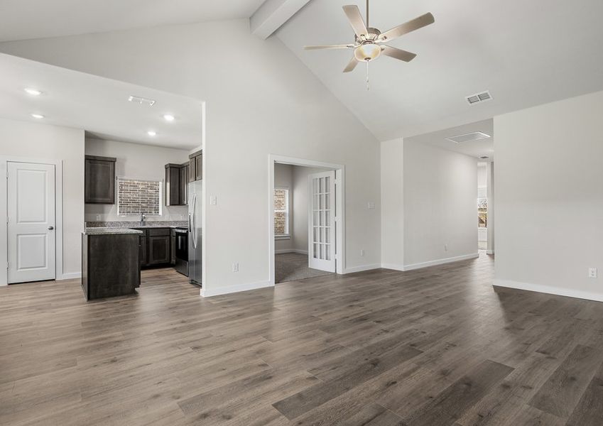 The living room sits right off of the kitchen.