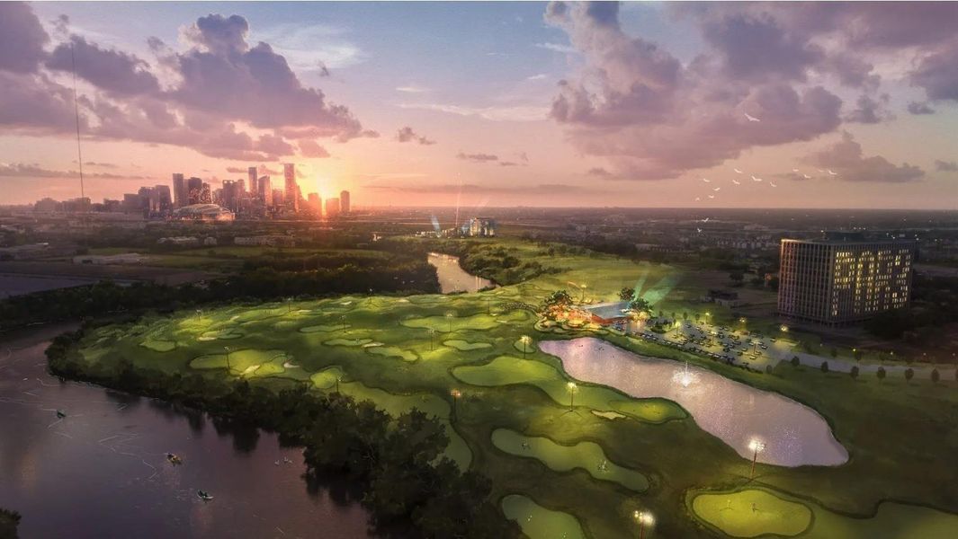 Discover the allure of East River 9, where urban sophistication meets serene riverside living, offering breathtaking skyline views, lush green spaces, and an idyllic golf course setting at sunset.