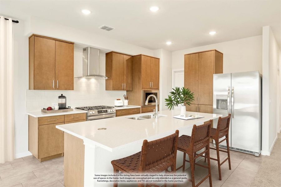 Kitchen with wood cabinets, white island with seating, stainless steel appliances, and wall-mounted range hood Kitchen with wood cabinets, white island with seating, stainless steel appliances, and wall-mounted range hood