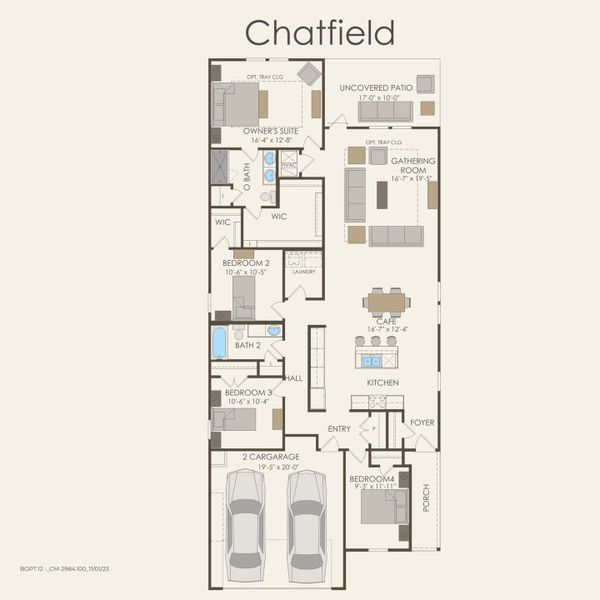 2D floor plan layout for the Chatfield by Pulte Homes in La Cima, San Marcos, TX (Image 3). 2D floor plan layout for the Chatfield by Pulte Homes in La Cima, San Marcos, TX (Image 3).