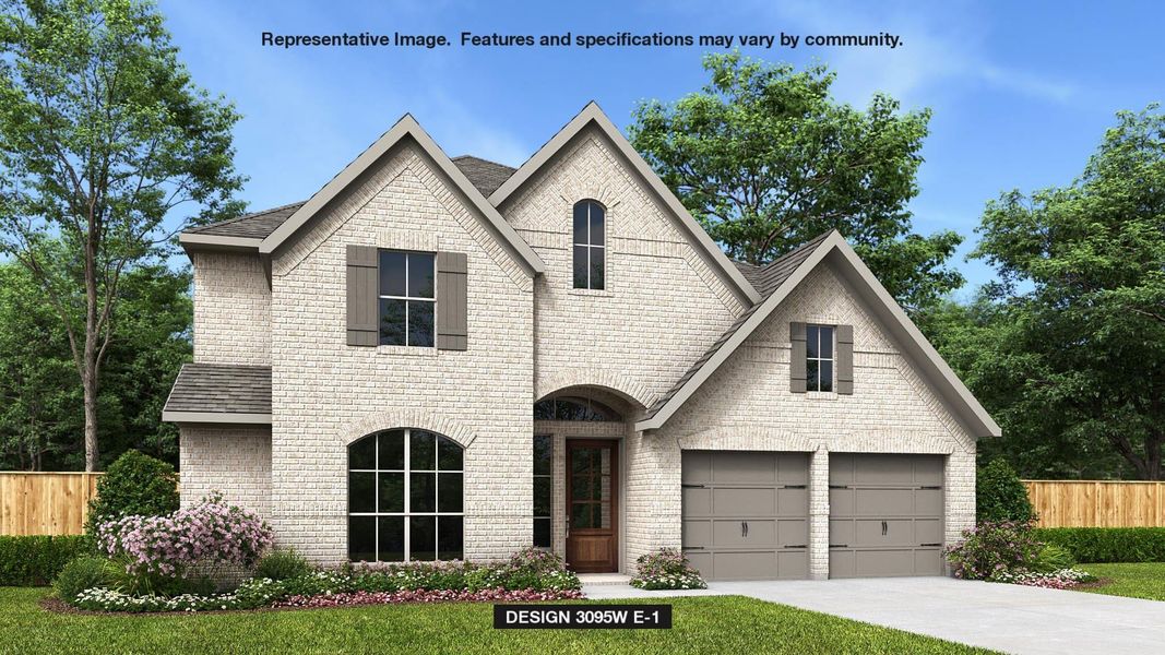 French country home with driveway, brick siding, a shingled roof, and fence