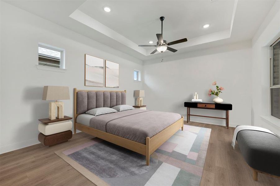 Tray ceiling with recessed lighting and a ceiling fan Tray ceiling with recessed lighting and a ceiling fan