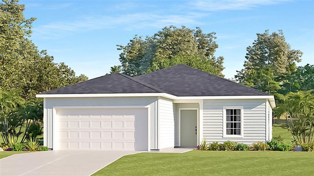 Artist rendering; illustration only; colors, features, and garage orientation may differ.