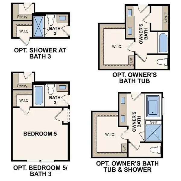 Detailed floor plan diagrams illustrate various custom layouts for bathrooms and an additional bedroom. Detailed floor plan diagrams illustrate various custom layouts for bathrooms and an additional bedroom.