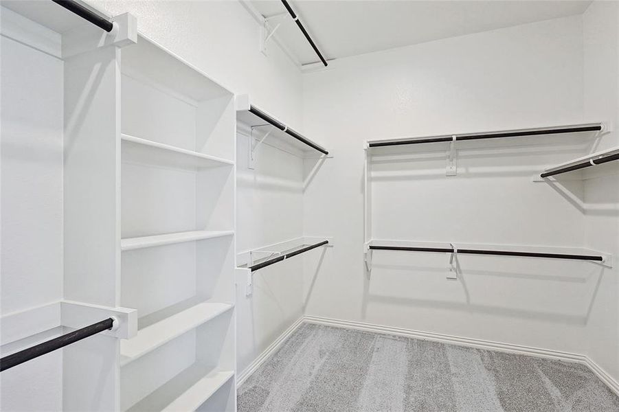 Walk in closet featuring light colored carpet