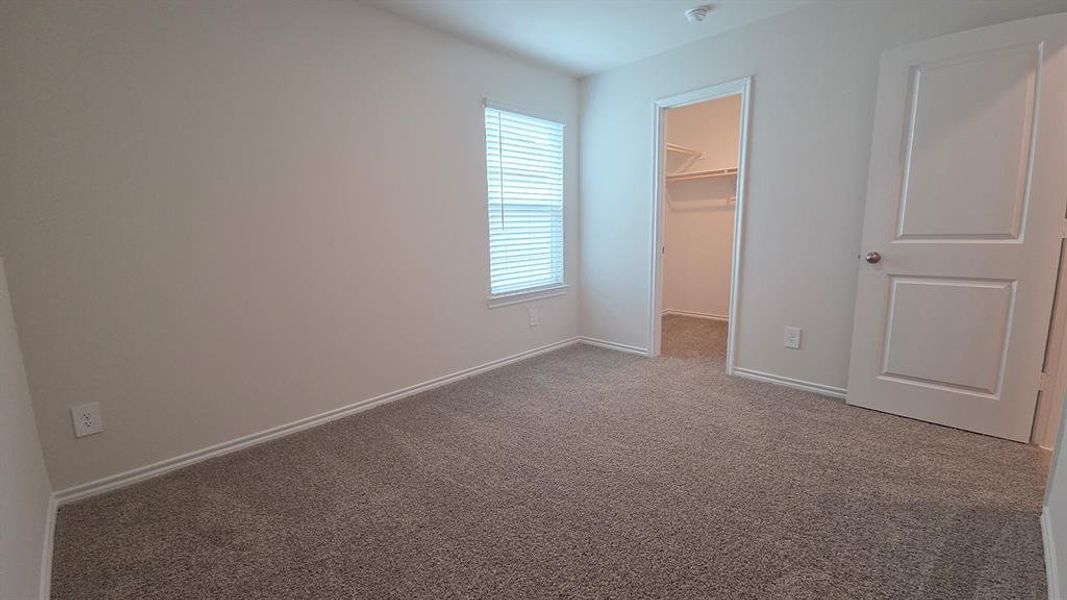 Carpeted interior room featuring light-toned walls, a window with horizontal blinds, and a walk-in closet with built-in shelving Carpeted interior room featuring light-toned walls, a window with horizontal blinds, and a walk-in closet with built-in shelving