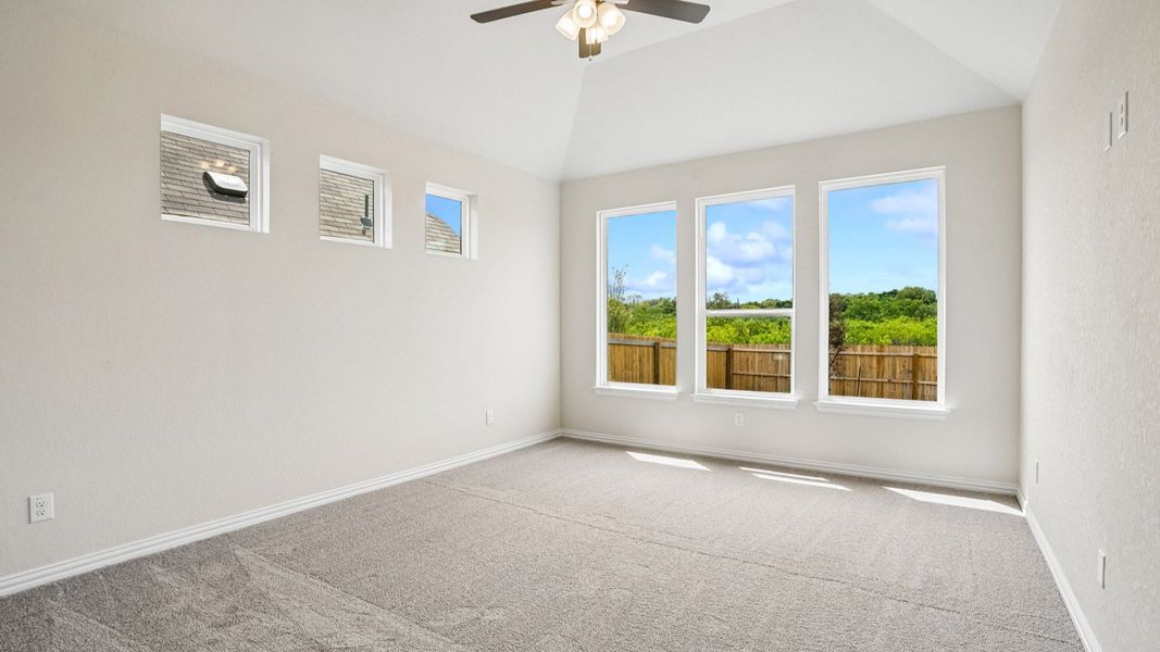 Owner's Suite features plenty of windows allowing natural light to flow, a raised ceiling, and ceiling fan