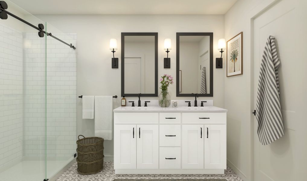 Primary bath with dual sinks and matte black fixtures