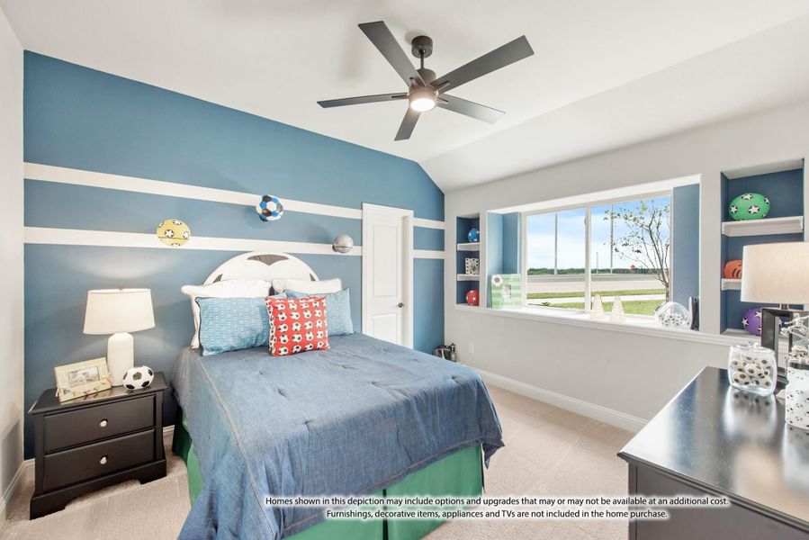 Children's bedroom with blue striped accent wall, ceiling fan, built-in shelves, and sports-themed decor Children's bedroom with blue striped accent wall, ceiling fan, built-in shelves, and sports-themed decor
