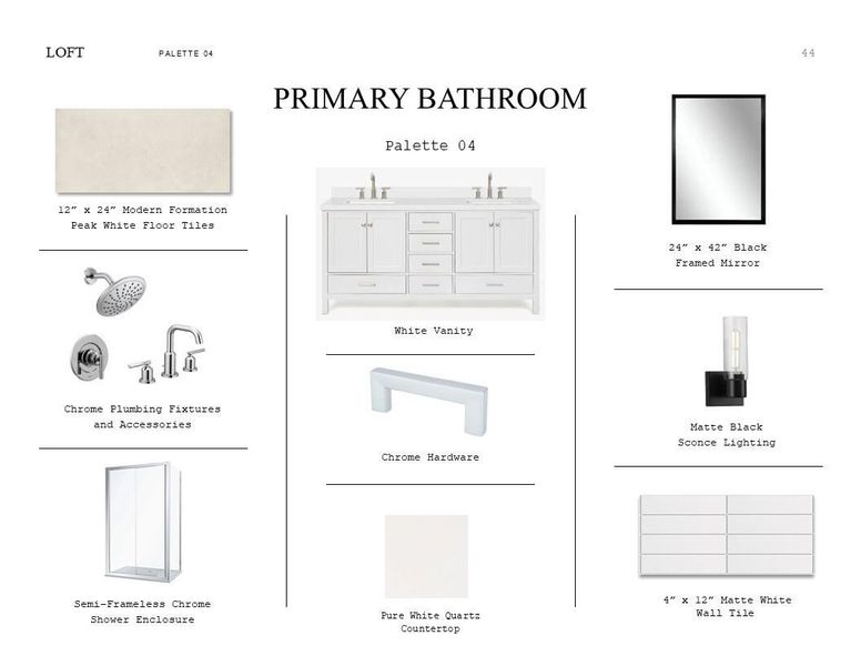Loft Look Palette 6: Primary Bathroom Selection Sheet (*Artist rendering used for illustration purposes only.) Loft Look Palette 6: Primary Bathroom Selection Sheet (*Artist rendering used for illustration purposes only.)