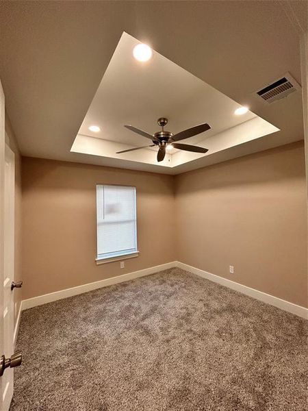 Carpeted spare room with ceiling fan and a raised ceiling