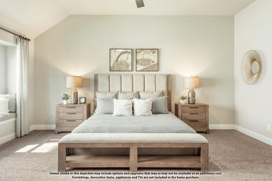 Master bedroom with vaulted ceiling, upholstered headboard, wood nightstands, and neutral carpet flooring