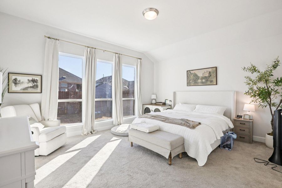 Carpeted bedroom featuring lofted ceiling