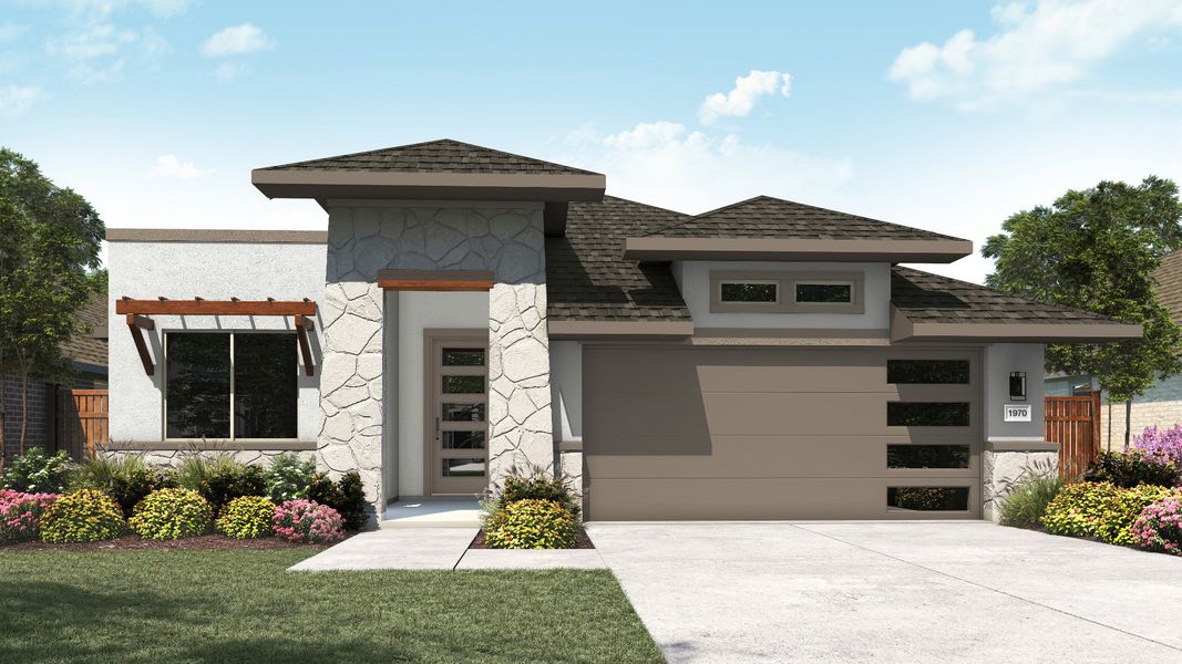 Representative exterior photo of a completed home built from the Palm by DRB Homes in Devine Landing, Leander, TX (Image 19). Representative exterior photo of a completed home built from the Palm by DRB Homes in Devine Landing, Leander, TX (Image 19).