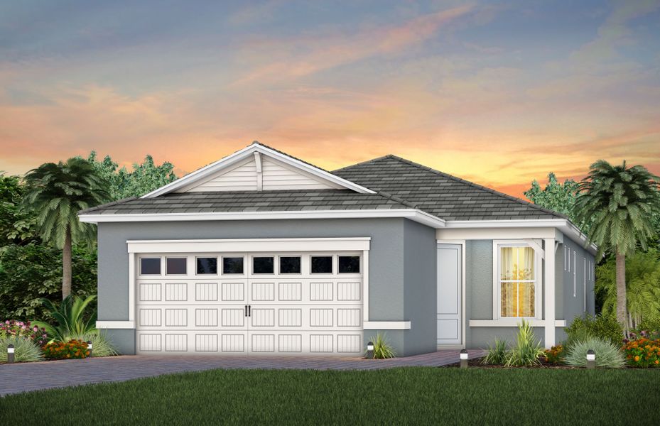 Front exterior of a new home in Del Webb at Viera, Melbourne, FL, highlighting curb appeal (Image 1). Front exterior of a new home in Del Webb at Viera, Melbourne, FL, highlighting curb appeal (Image 1).