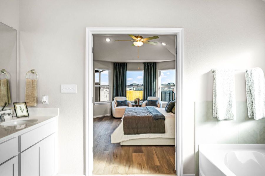 This is the primary bathroom of the Hawkins plan and is the model home in Carillon at 13305 Eppright Trace Blvd., Manor, TX. This is the primary bathroom of the Hawkins plan and is the model home in Carillon at 13305 Eppright Trace Blvd., Manor, TX.