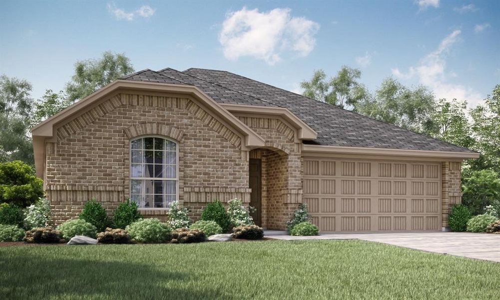 View of front facade featuring a garage and a front yard