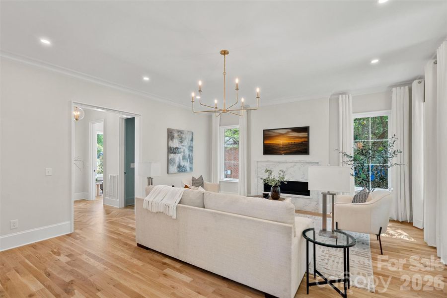 spacious living area with gas fireplace