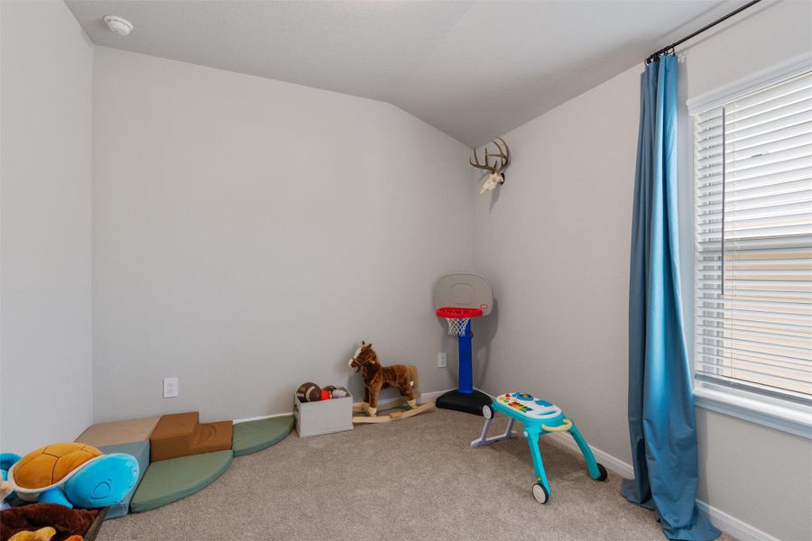Carpeted room featuring light gray walls, a window with blinds, and blue curtains Carpeted room featuring light gray walls, a window with blinds, and blue curtains