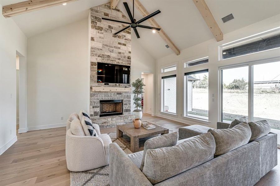 Floor to ceiling stone fireplace