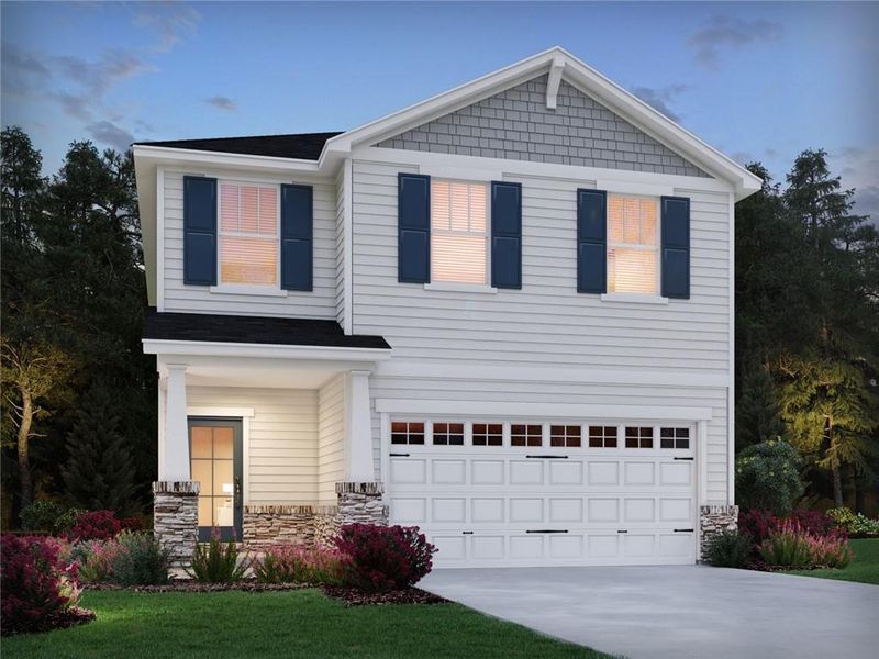 Front exterior of a new home in Hemingway - Reserve Series, Cumming, GA, highlighting curb appeal (Image 1). Front exterior of a new home in Hemingway - Reserve Series, Cumming, GA, highlighting curb appeal (Image 1).