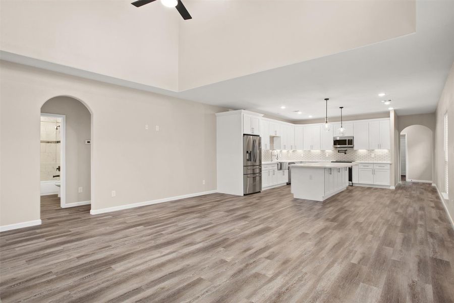 A view of the living room into the kitchen