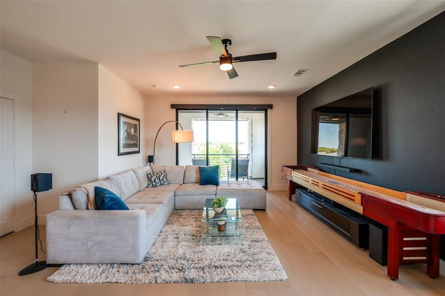 This full-size shuffleboard table will convey with the home.
