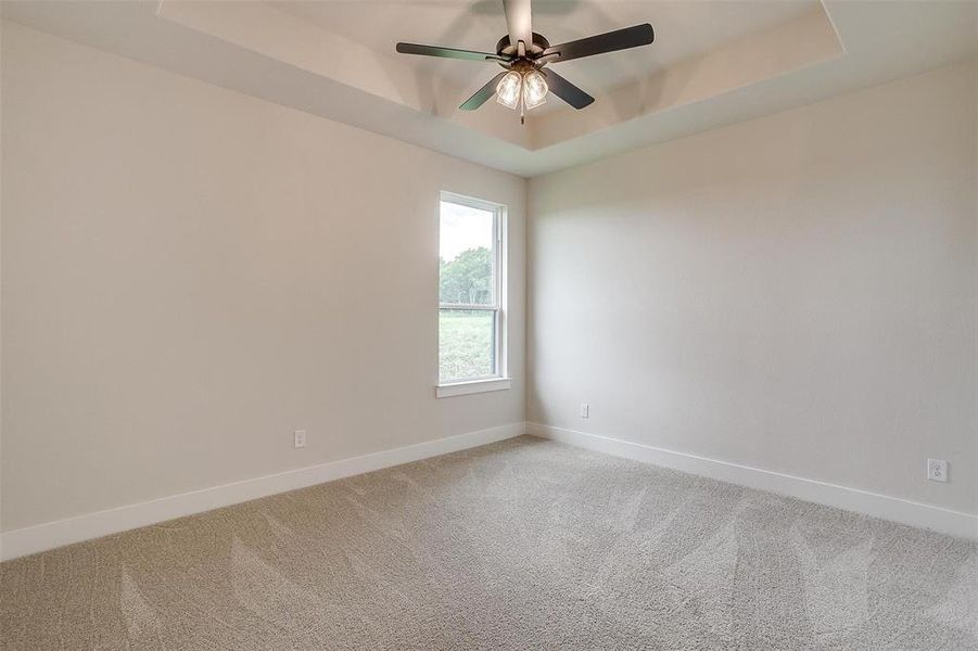 Carpeted empty room with ceiling fan and a raised ceiling