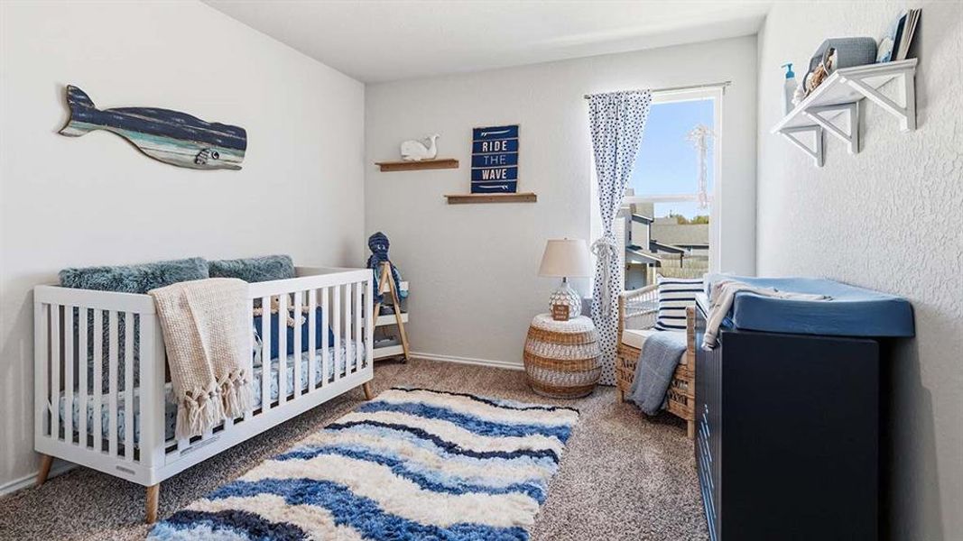 Carpeted room featuring a single window, white walls, and built-in shelving
