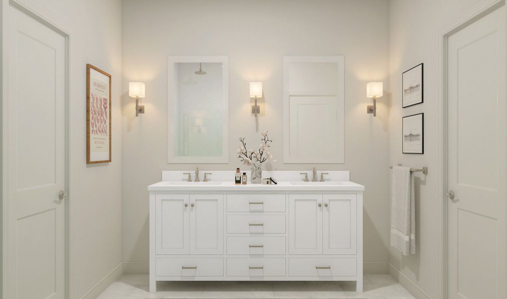 Primary bath with dual sinks and brushed nickel fixtures throughout