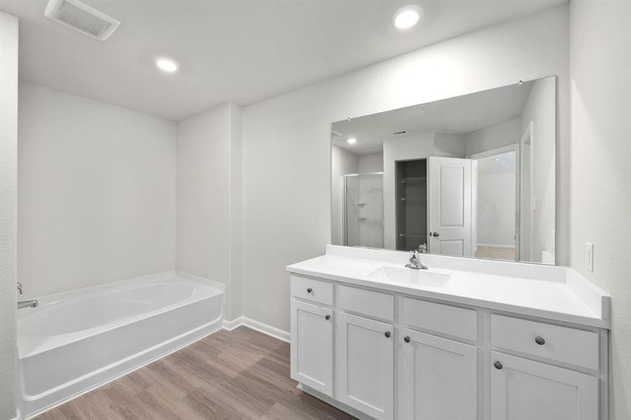 The luxurious primary bathroom has a soaking tub, standing shower, and a walk-in closet.