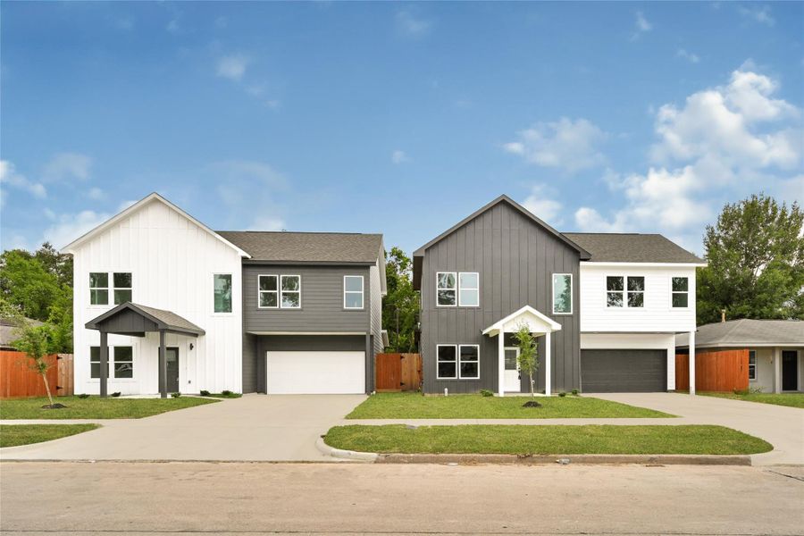 Sleek two-story modern facade with clean lines and fresh landscaping. Sleek two-story modern facade with clean lines and fresh landscaping.