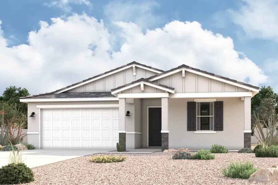 Front exterior of a new home in Silver Cross, Florence, AZ, highlighting curb appeal (Image 1). Front exterior of a new home in Silver Cross, Florence, AZ, highlighting curb appeal (Image 1).