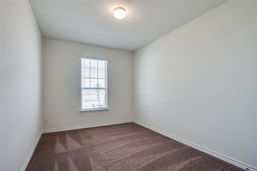 Empty room with dark colored carpet and baseboards Empty room with dark colored carpet and baseboards